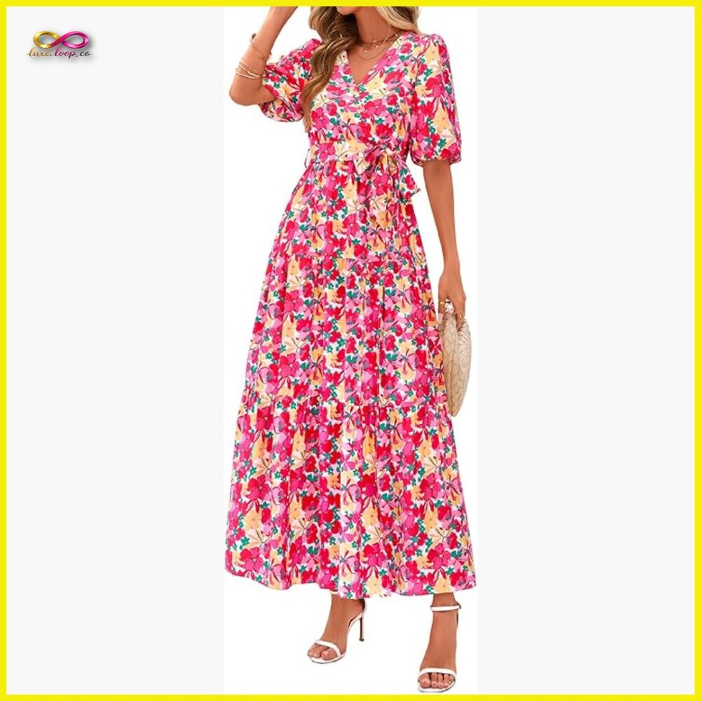 Boho Floral Maxi Dress V-Neck Puff Sleeve Flowy Beach Resort Wear
